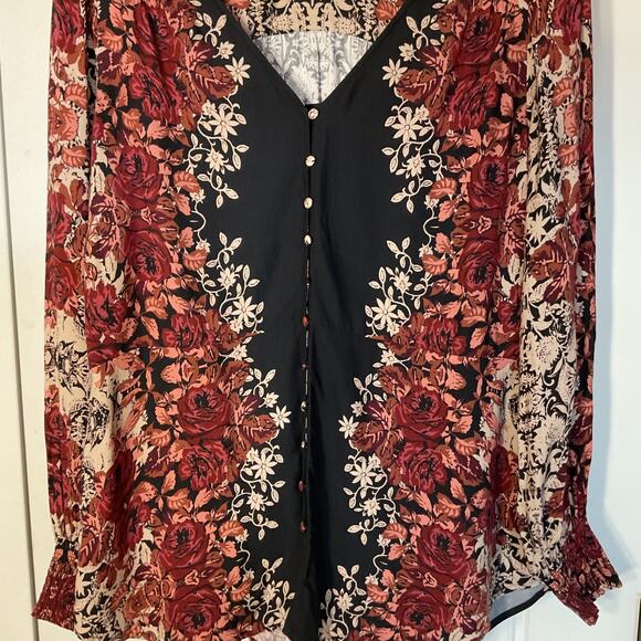 Aveology Black Floral Long Sleeve Button Up Back Elastic Waist Tunic Top 18 - Picture 3 of 6